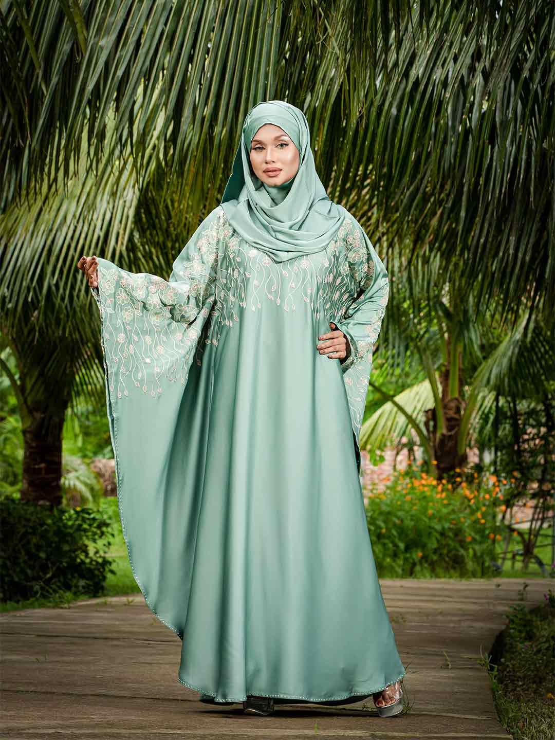 Aqua color Stright Cut Embroidery Abaya