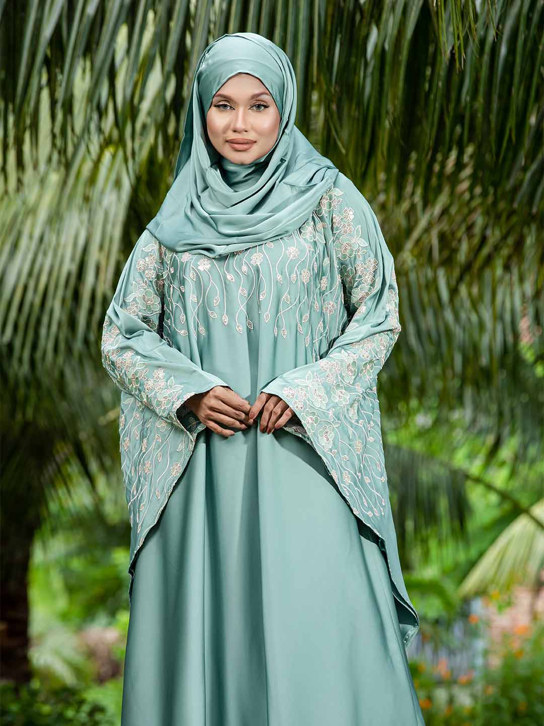 Aqua color Stright Cut Embroidery Abaya